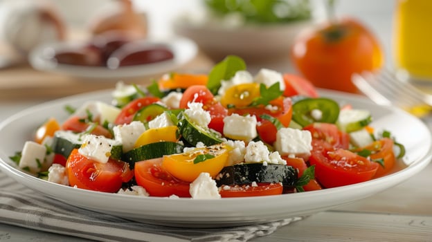 Fresh Vegetable Salad With Feta Cheese and Herbs in Natural Light photo
