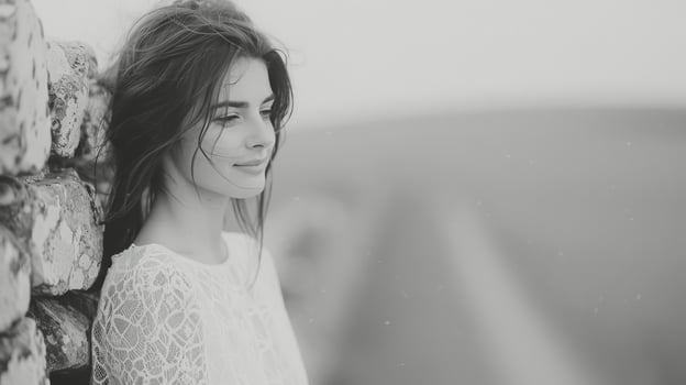 Young Woman Smiling by Stone Wall Overlooking Scenic Landscape in Soft Light photo