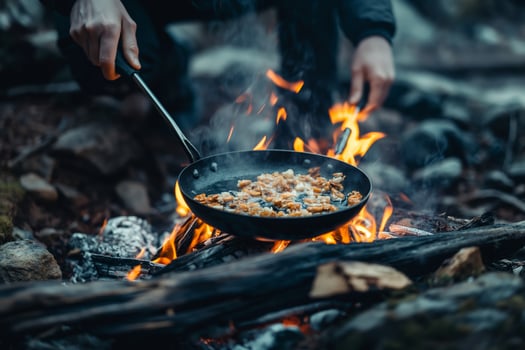 Outdoor Cooking Over Campfire with Frying Pan in Forest Setting photo