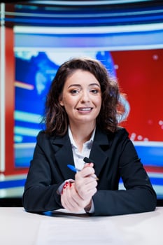 News anchor presenting daily events in newsroom, doing live reportage to address all essential topics. Global communications tv reporter reading newscast headlines on international network. photo
