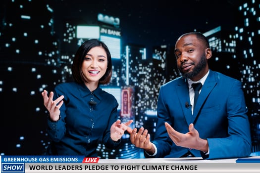World leaders fighting climate change news on midnight talk show, diverse tv hosts talking about activists taking measures to reduce greenhouse gas emissions. Media journalists hosting live segment. photo