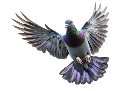 A black pigeon in mid-flight, wings outstretched. photo