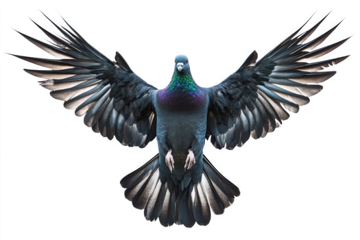 A black pigeon in mid-flight, wings outstretched. photo