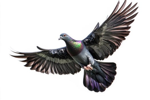 A black pigeon in mid-flight, wings outstretched. photo