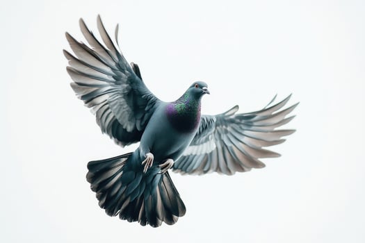 A black pigeon in mid-flight, wings outstretched. photo