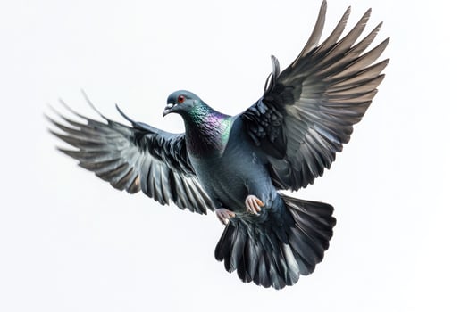A black pigeon in mid-flight, wings outstretched. photo