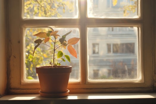 A withered plant in a pot next to a window with sunlight streaming in. photo