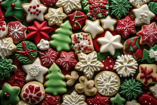 A festive assortment of Christmas cookies forms a colorful, cheerful background. photo