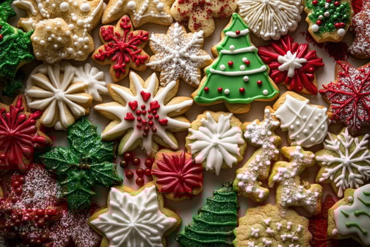 A festive assortment of Christmas cookies forms a colorful, cheerful background. photo