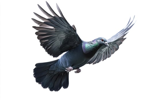 A black pigeon in mid-flight, wings outstretched. photo