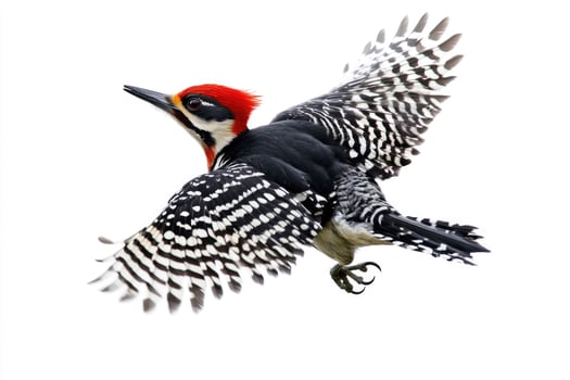 A woodpecker in mid-flight, vibrant red crest visible. photo