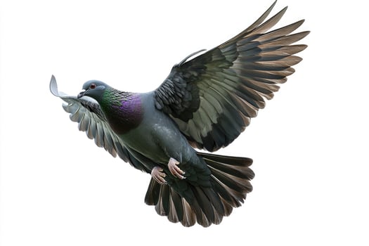 A black pigeon in mid-flight, wings outstretched. photo