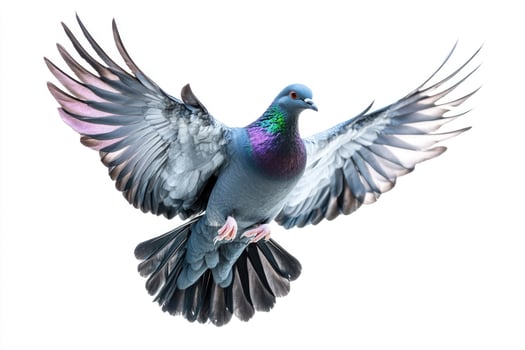 A black pigeon in mid-flight, wings outstretched. photo
