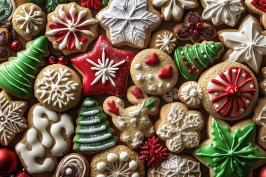 A festive assortment of Christmas cookies forms a colorful, cheerful background. photo