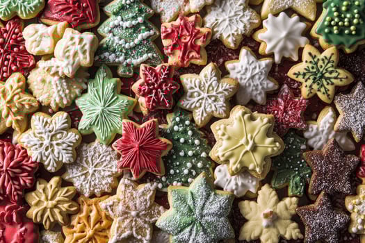 A festive assortment of Christmas cookies forms a colorful, cheerful background. photo