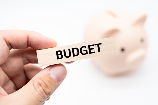 Text BUDGET on wooden block with piggy bank on the background. Financial and business concept. Budget planning concept. photo