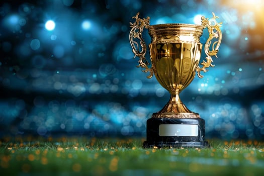 the gold cup for the first place on the background of a football field. The golden trophy of the champion. A sporting victory, a prize for the winner. photo