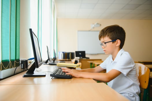 Teenage boy smiling while using computer at desk in classroom photo