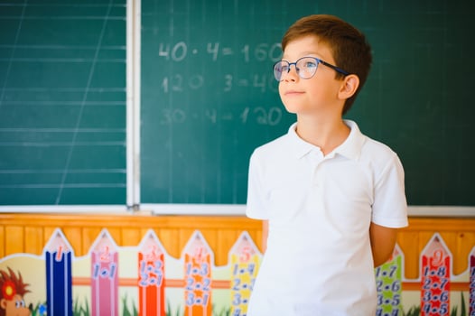Schoolboy near blackboard in classroom photo
