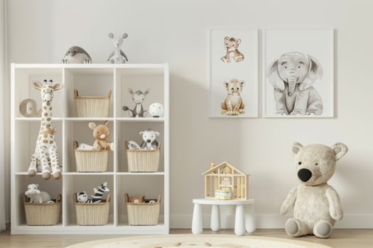 Eco-friendly interior of the children's room with a white bookcase, posters with animals on the wall and cute toys. photo