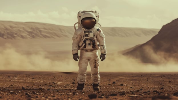 An astronaut in the desert of Mars. The concept of a research expedition on the surface of the red planet. photo