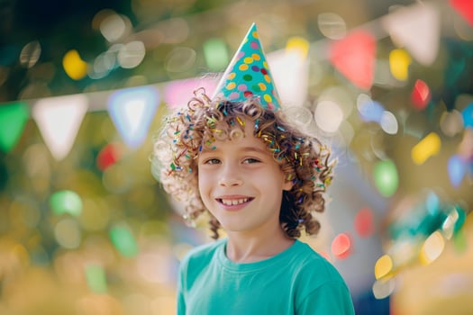 A happy curly-haired child in a birthday cap celebrates his special day surrounded by friends and family at a house party photo