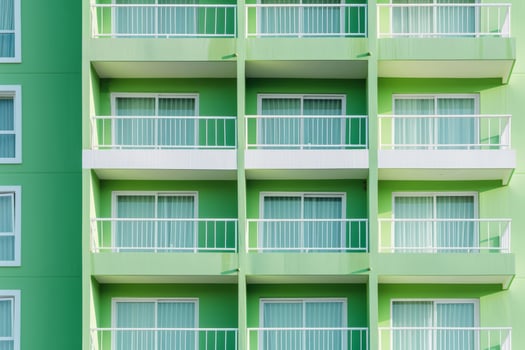 Bright green facade of old building or hotel with windows and balconies. City architecture minimalist concept. Minimal pattern building background. photo