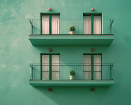 Bright green facade of old building or hotel with windows and balconies. City architecture minimalist concept. Minimal pattern building background. photo