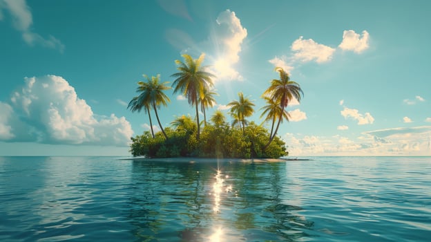 A small tropical island in the middle of the ocean with palm trees and the sun on a blue sky background. Summer, holidays, rest. photo