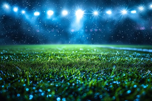 a beautiful sports stadium with a green grass field illuminated by blue floodlights at night. Sports tournament, championship, competitions. photo