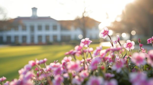 Blooming Pink Flowers in Front of a Historic Mansion at Sunset photo