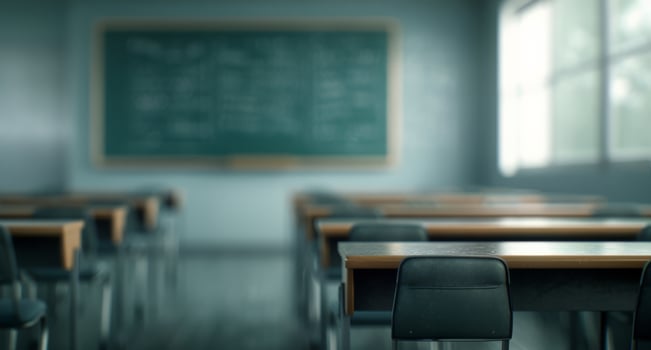 Classroom With Empty Desks During Morning Light in Educational Setting photo