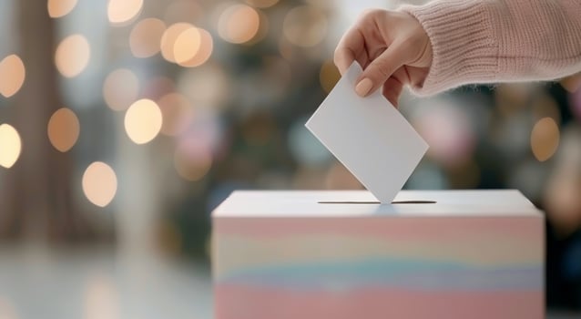 Voter Casting Ballot in Busy Urban Area During Evening Election Hours photo