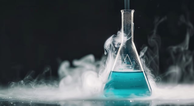 Laboratory Flask Bubbling With Blue Liquid and Smoke in Dimly Lit Environment photo