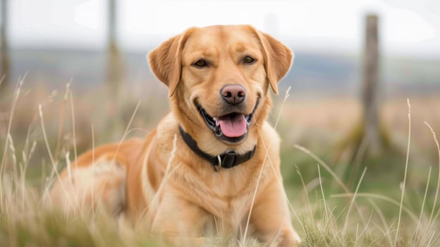 Happy Labrador Retriever Relaxing On Green Grass In A Sunlit Park photo