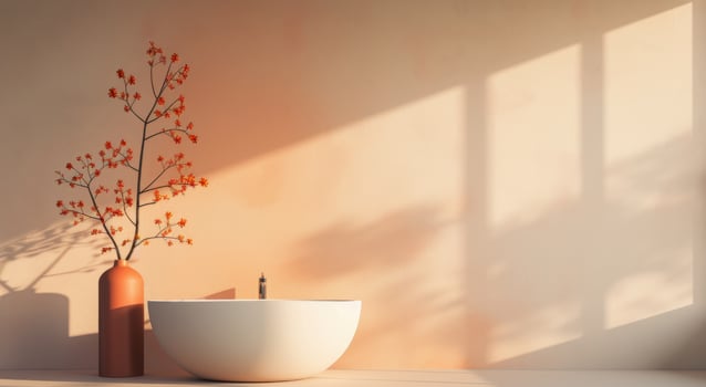Modern Bathroom Interior With Bathtub, Mirror, and Decorative Plant in Natural Light photo