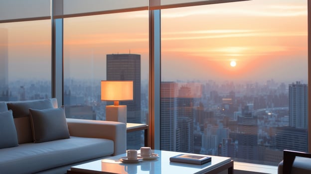 Modern Living Room With Sunset View Over City Skyline photo