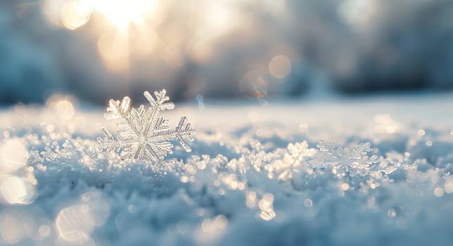 Delicate Snowflakes Glimmering on Soft Snow During Golden Hour photo