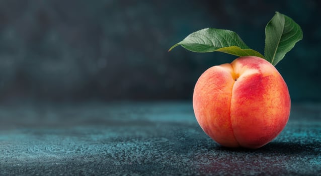 Ripe Peach With Leaf on Dark Surface in Soft Light photo