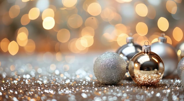 Sparkling Christmas Ornaments on Glittering Surface With Blurred Lights photo