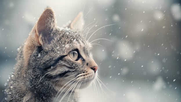 Snowy Winter Day With a Cat Observing Flakes Fall in a Serene Urban Setting photo