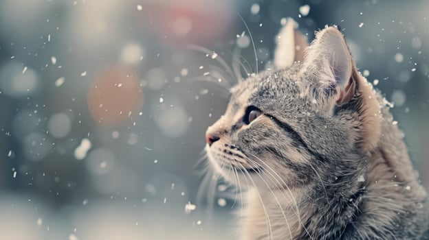 Snowy Winter Day With a Cat Observing Flakes Fall in a Serene Urban Setting photo