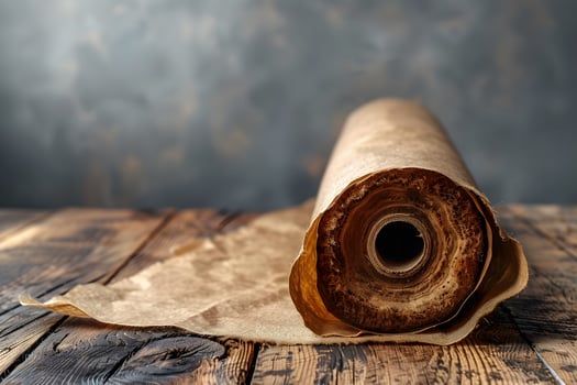 Antique Rolled Parchment on Wooden Table - Vintage Document for Historical, Academic, and Decorative Use photo