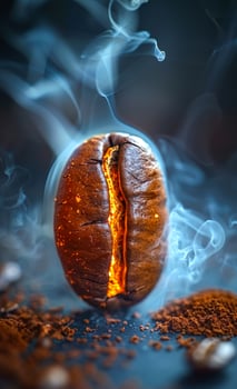 Coffee bean glowing with heat and surrounded by smoke. photo
