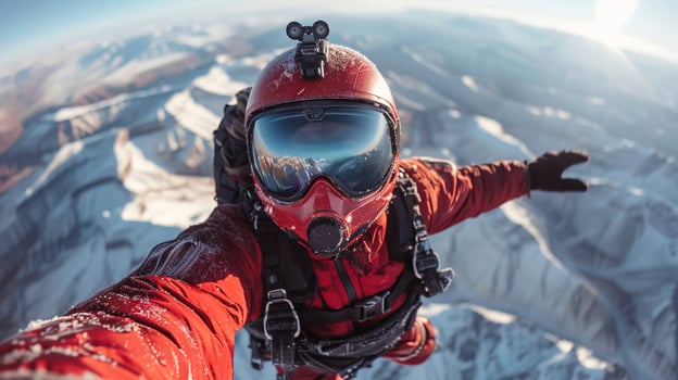 Climber takes selfie on snowy mountain peak at sunrise. photo