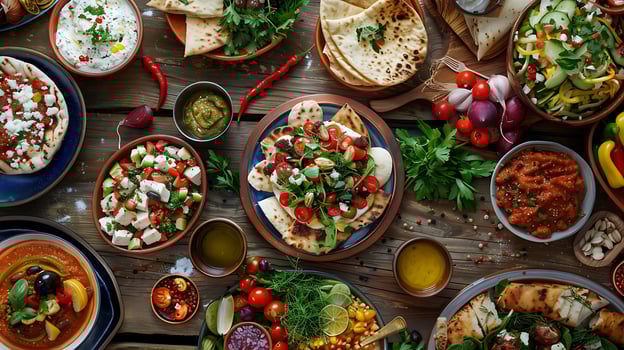 Vibrant Mediterranean Mezze Spread on Rustic Table by idea24club - A Crystal-Clear Gastronomic Delight photo