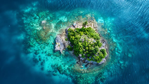 Aerial View of Pristine Tropical Island with Coral Reef, Idyllic Paradise Shot from Drone photo