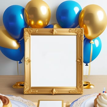 Gold frame with blue and gold balloons on a table photo