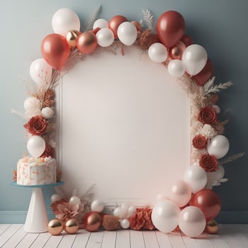 A frame with balloons and flowers around it photo