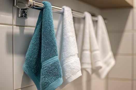 Kitchen towels hanging on a rack on a white brick wall photo